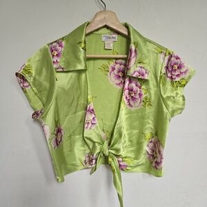 Dominique & Simone Green Pink Satin Floral Tie Front 70s Retro Blouse Size Small